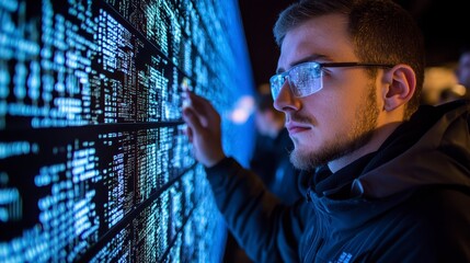 Programmer Analyzing Complex Data Code on Large Digital Screen at Night
