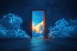 © Vadym - Dramatic image shows open door leading to bright blue sky filled with clouds. Warm colors suggest new beginning. Intriguing surreal scene. Ideal for inspirational posters, motivational prints, art