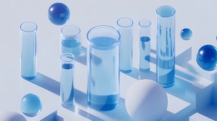 abstract blue liquid in glass tubes and spheres.