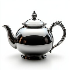 Classic ceramic teapot with rounded body, elegant tip, curved handle and lid decorated with thin beads details isolated on white background.