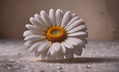 Poster - White flower with yellow center. The flower is on a table. The table is on a wall