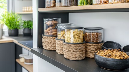 Wall Mural - Food safety relies on proper storage to maintain quality. Modern kitchen shelf with jars and decorative plants.