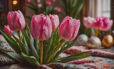 Poster - Bouquet of pink tulips is on a table. There are four tulips in the bouquet