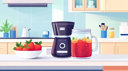 Wall Mural - Kitchen countertop with blender, strawberries, and fruit infused water.