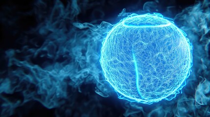 Wall Mural - a glowing blue sphere surrounded by swirling mist, representing energy or atomic structure.