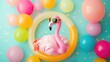© ShinneProject - A pink flamingo in sunglasses sits inside a yellow pool float, surrounded by colorful balloons.