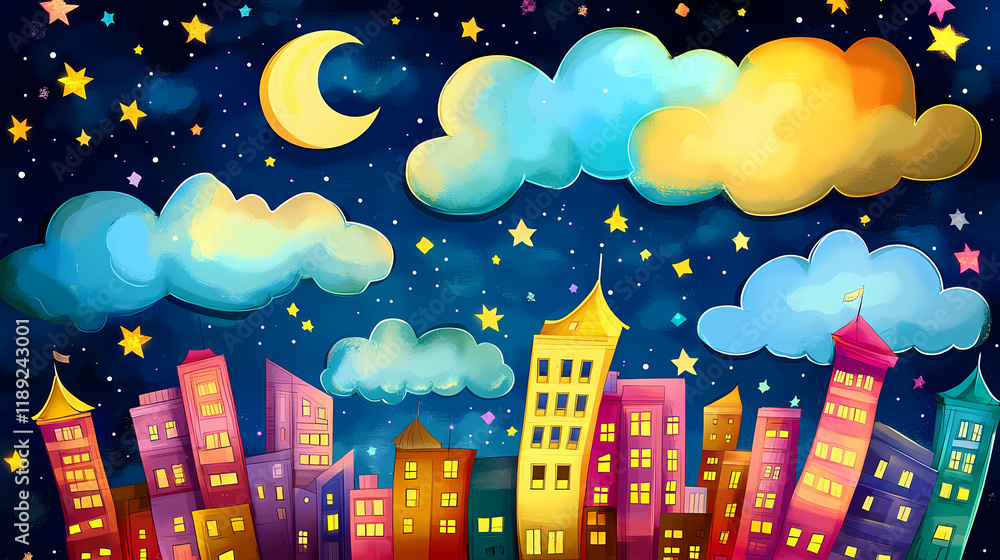 Colorful city skyline illustration with clouds at night, vibrant ...