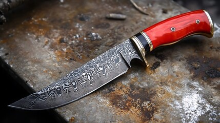 A knife with a red handle sits on a table the knife is silver and has a black handle