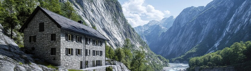 Wall Mural - Stone House Overlooking a Mountain Valley with River and Forest in the Background