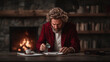 © Alexandra Adele - Elderly man studying documents by the fireplace while holding a magnifying glass in a cozy library setting