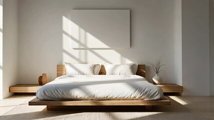Poster - Modern Bedroom with Wooden Bed, White Bedding, and Minimalist Decor, Enhanced by Natural Light for Serene Atmosphere