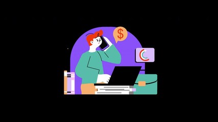 Wall Mural - A person of European descent is working on a laptop while talking on the phone, surrounded by financial icons.