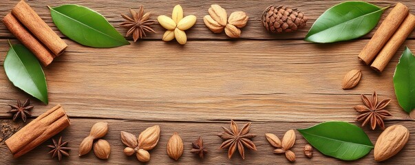 Canvas Print - Rustic Wooden Background with Spices and Leaves for Culinary Presentation