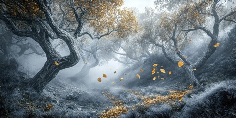 Wall Mural - Misty Morning in an Enchanted Forest with a Pathway Covered in Golden Leaves