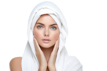 Young woman with a facial mask covering her skin, resting in a relaxed position with a white towel wrapped around her head, evoking calmness and self-care.