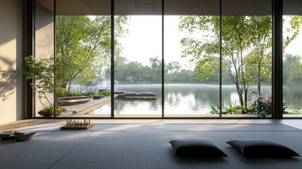 Wall Mural - Tranquil Interior with View of Serene Lake and Lush Greenery