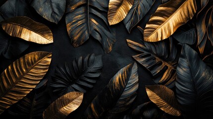 Wall Mural - A visually striking arrangement of dark and gold leaves creating a luxurious aesthetic.