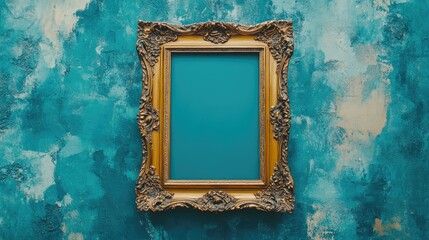 Wall Mural - An ornate gold frame against a textured teal wall, empty and ready for artwork.