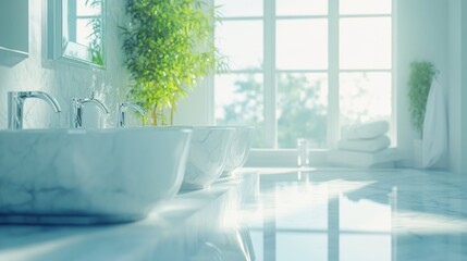 Wall Mural - A serene bathroom scene with modern sinks and natural light.