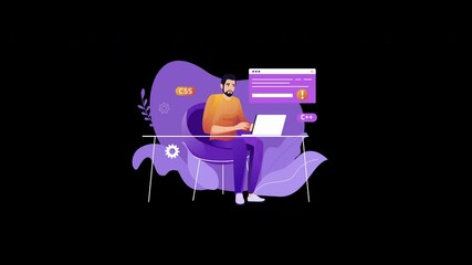 Wall Mural - A man coding at a desk in a modern workspace, focused on computer programming with various coding languages.