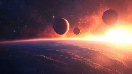 Wall Mural - A sunrise view over a group of planets in space.