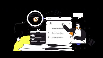 Wall Mural - a person explaining seo concepts in a stylish 2d animated graphic, featuring various search optimiza