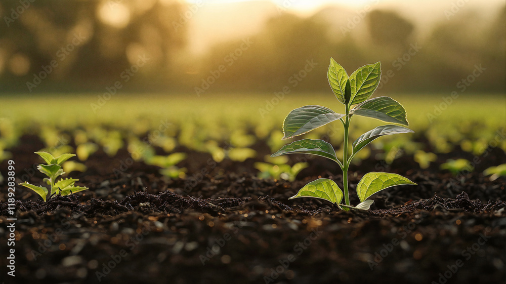 Young plant sprouting from rich soil in a sunlit field, symbolizing ...