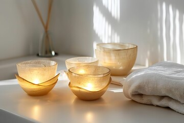 Warm candlelight shines softly on modern decor in serene bathroom setting