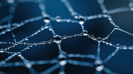 Glistening dewdrops delicately suspended on an intricate spiderweb, reflecting a serene, blue hue; nature's artistry captured in a moment.