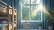 © ma - A Scandinavian-style room with a window, wooden bunk beds, and blue walls.