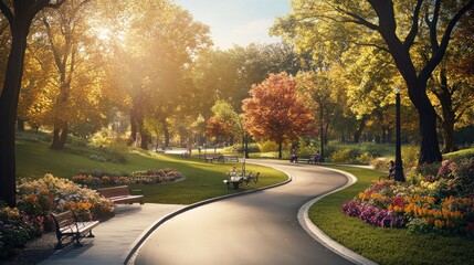 Wall Mural - A Sunlit Pathway Through a Colorful Autumn Park Surrounded by Golden Leaves and Trees.