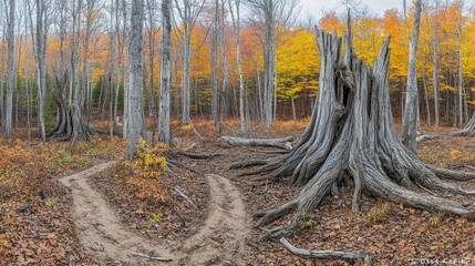 Wall Mural - Autumn Forest Trail with Tree Stumps and Vibrant Foliage in a Serene Nature Setting