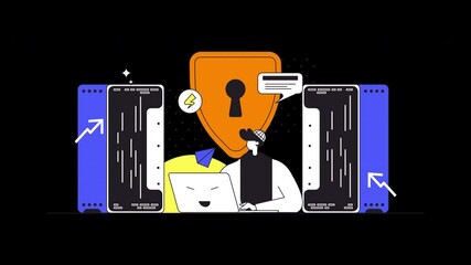 Wall Mural - Digital illustration of a diverse person working on cybersecurity with a shield symbolizing protection.