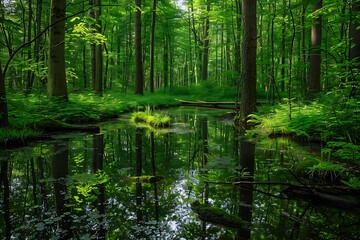  a natural landscape with dense forest and pond with large trees and different botanical diversities in daylight