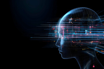 AI, data streams, processing information, futuristic head, digital technology, concept for website banner