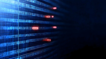 Binary code stream, data flow, digital errors, dark background, cybersecurity concept, website banner