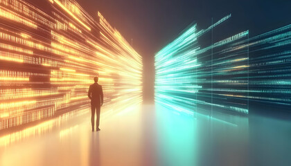 Businessman facing digital data streams, future technology, glowing binary code background, concept for innovation and progress