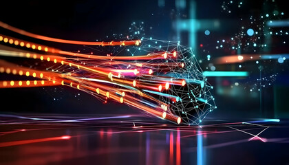 Fiber optic cables glowing brightly, data network, digital city backdrop, high-speed internet concept, tech illustration
