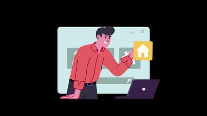 Wall Mural - A young man of European descent using a laptop and interacting with a home icon on a digital screen.