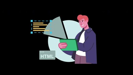 Wall Mural - A young European man interacts with digital elements while holding a green tablet, showcasing modern technology.