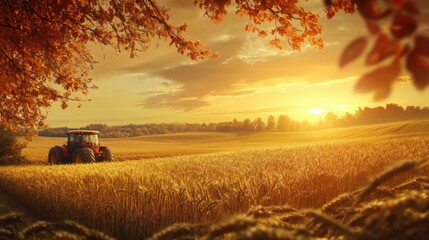 Golden Hour Harvest: A lone tractor sits in a vast field of golden wheat at sunset, creating a picturesque scene of rural tranquility and agricultural abundance.