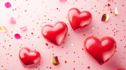 Valentine day background with A close up of four red hearts on a pink background. The hearts are surrounded by gold glitter and pink petals. Concept of love and romance