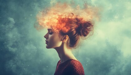 Poster - Dreamy Portrait of a Young Woman with Fiery Hair and Surreal Background, Evoking a Sense of Imagination and Creativity in a Mystical Atmosphere