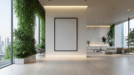 Wall Mural - Modern Minimalist Interior with Empty Frame and Greenery Display