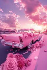 Pink vintage car with heart for Valentine’s Day greeting card design.