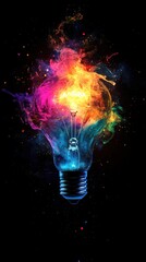 Wall Mural - Glowing lightbulb with rainbow explosion and abstract energy waves