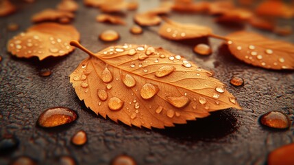 Wall Mural - Close-up of water droplets on orange leaves resting on a dark surface.