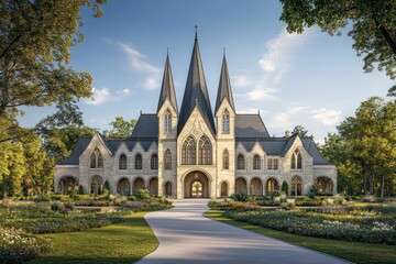 Wall Mural - Majestic Stone Cathedral Surrounded by Lush Gardens on a Sunny Day