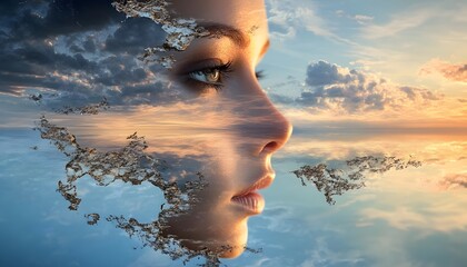 Poster - Surreal Profile of a Woman Merging with a Dreamy Sky Landscape at Sunset, Capturing the Essence of Nature and Humanity in Perfect Harmony
