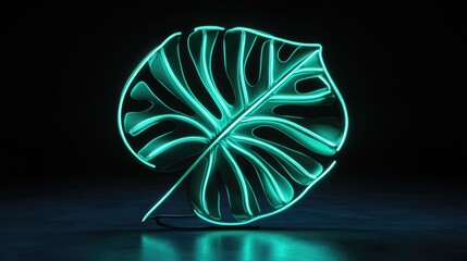 Wall Mural - A glowing neon monstera leaf against a dark background, showcasing modern design aesthetics.